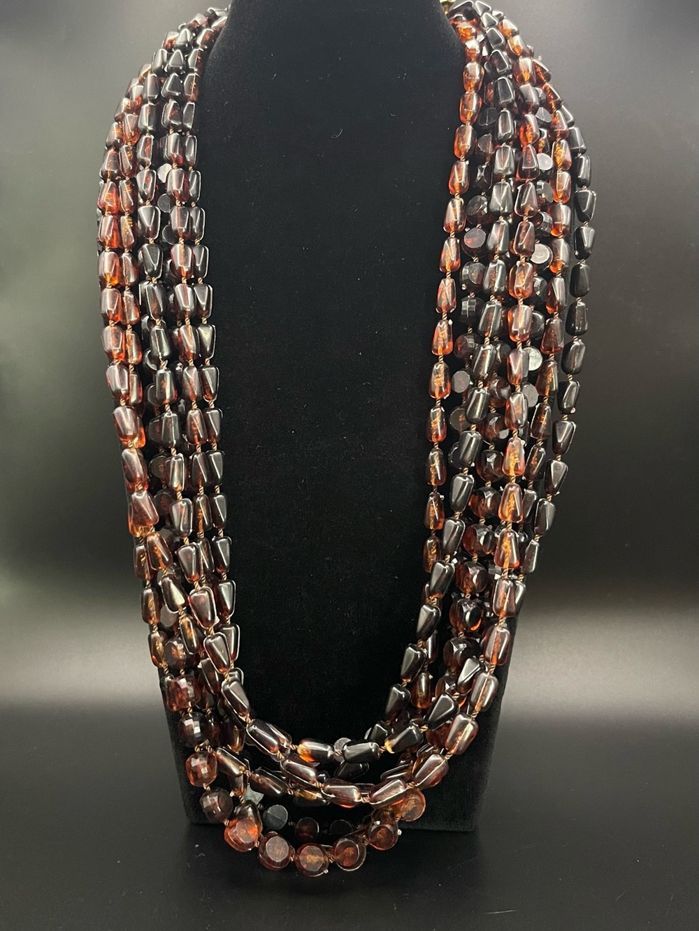 VTG Amber & Tortoise Multi-Strand Necklace w/ Sculpted Gold Bow Clasp 23.5 “ L